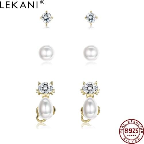 LEKANI 100% 925 Sterling Silver Earrings For Women Cute Kitten & Shell Pearl & Round CZ Tiny Stud Earring Sets Luxury Jewelry