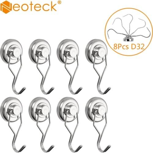 Neoteck 8pcs Magnetic Hooks Swivel Swing Powerful Strong Heavy Duty Neodymium Magnet Hooks for Refrigerator crochet mural silver