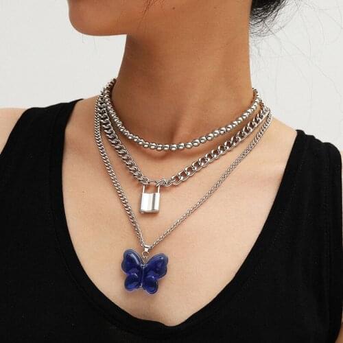 Multilayer Exaggerated Blue Butterfly Lock Pendant Necklace Women Punk Thick Chains Geometric Pendants Necklace Jewelry XR3136