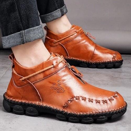 Mens Shoes Autumn Leather Men Boots Wear-resistant Ankle Boots Outdoor Non Slip Male Boots Fashion Zipper Shoes Plus Size 38-48