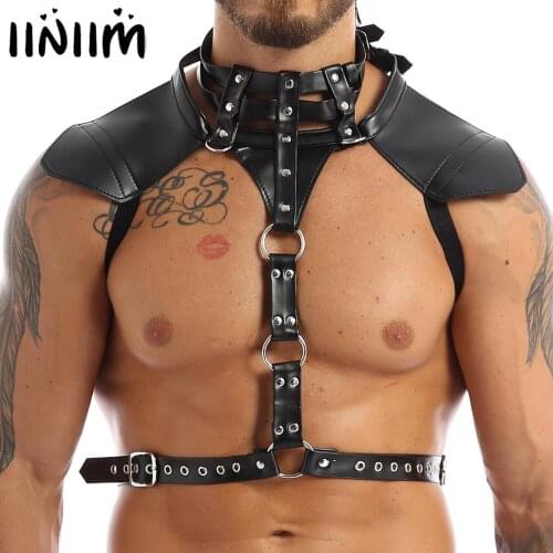 Iiniim Mens Male Faux Leather Body Chest Harness Belt Halter Neck Buckles with O-ring Cosplay Costume Well-muscled Sexy Clubwear