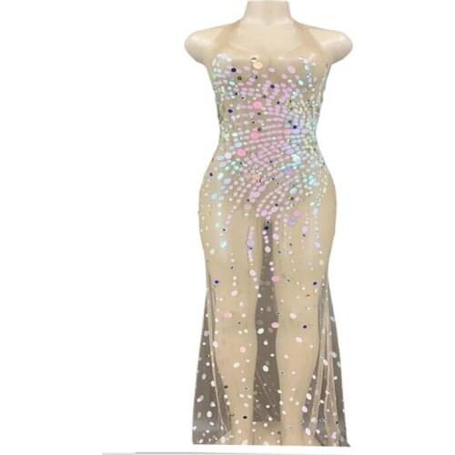 New Shining Rhinestone Sequin Mesh Perspective Party Long Dress Women Sexy Halter Evening Prom Gown Dress Singer Stage Wear