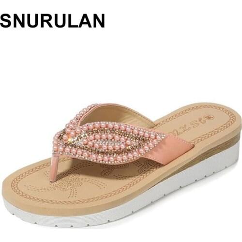 SNURULAN women shoes summer fashion soft leather woman flip flops non-slip wedge sandals women open toe flat shoes beach slipper