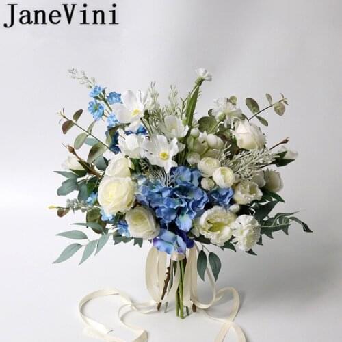 JaneVini Blue Flowers Wedding Bouquet Bridal Bouquet Silk White Purple Bride Hand Holding Flower ramo de novia artificial 2020