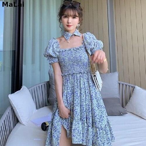 Evening Party Casual One Piece Dress Women Puff Sleeve Beach Floral Dress Female Korean 2021 Summer Elegant Sweet Mini Dresses