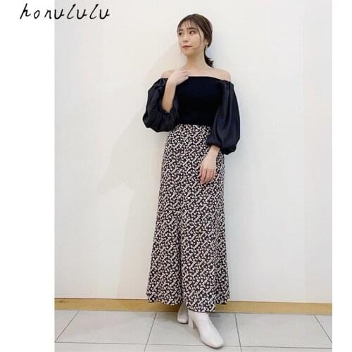 2021 spring and summer new products simple retro high waist slimming printed fishtail long skirt women
