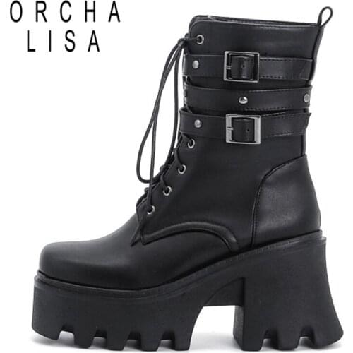 2021 Gothic Women Ankle Boots High Platform Motorcycle Lace Up Buckle Top Quality Autumn Winter Warm Chunky High Heels S2365