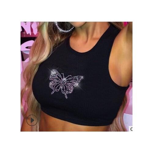 Women Sexy Crop Tank Tops Casual Crewneck T-Shirts Sleeveless Vest Rhinestones Streetwear Butterfly Vests Female Skinny Clubwear