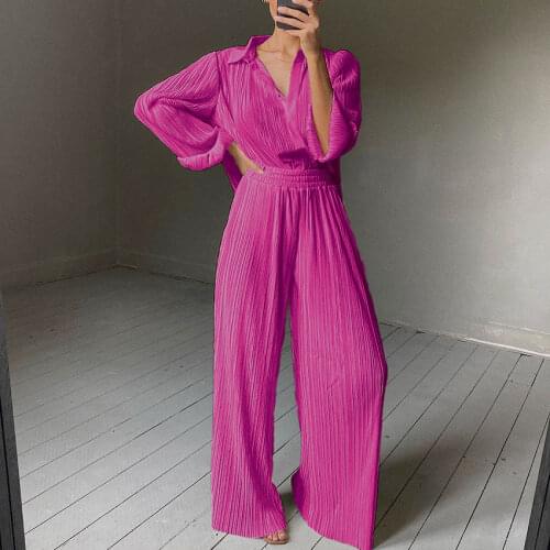 Women Casual Long Sleeve Two Piece Sets Ruched Split Blouses And Long Wide Leg Pants Suits Holiday Party Matching Sets Outfits