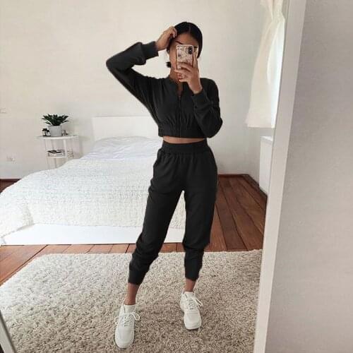 Women Two-piece Clothes Set Tracksuit Solid Color Zipper Open Crop Tops High Waist Pants Outfits Suit Autumn Spring Sportswear