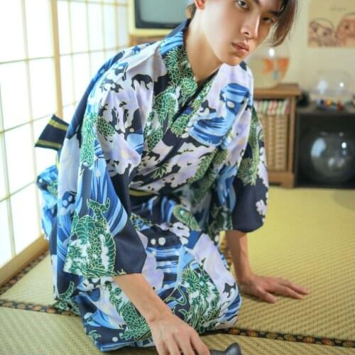 JEMMALEONG Japanese Kimono Traditional For Men Japan Samurai Dragon Print Formal Kimono Yukata Performance Fancy Par Role Play