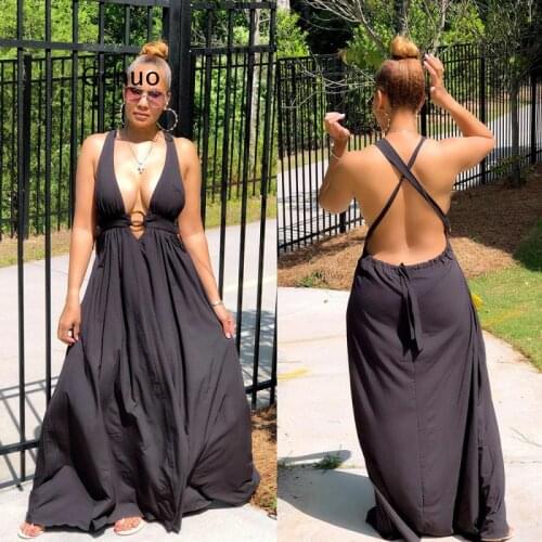 Women Sleeveless V Neck Maxi Black Dress Crisscross Backless Summer Classy Dress Elegant Evening Party Robe Dress