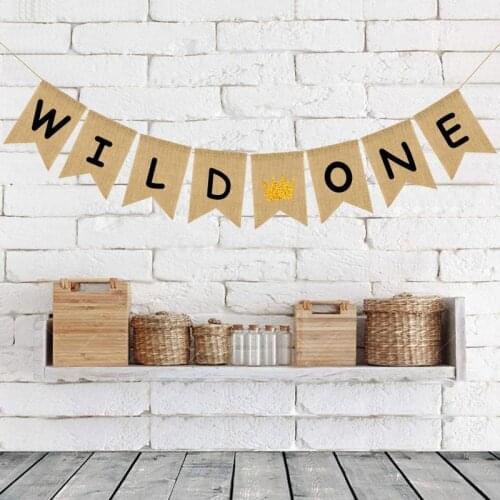 1 Set New Lovely Glitter Gold Crown Jute Burlap Wild One Banner Toppers Baby Birthday Party Decoration Baby Shower