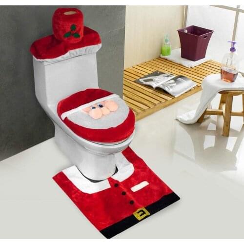 3 Pcs/set Santa Clause Pattern Toilet Seat Cover Bathroom Foot Pad Red Bath Mat Contour Rug Set Christmas Decoration Home L