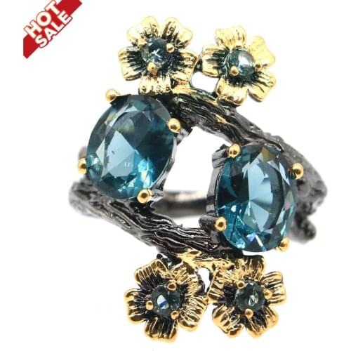 30x20mm Punk Hollow Vintage 9.4g Created London Blue Topaz Gift For Womans Jewelry Black Gold Silver Rings Dating