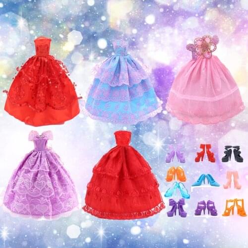 5 Pcs Fairy Girl Dolls Toys Wedding Party Lace Dresses Gown Outfits Doll 10 Pair Shoes Set Accessories for Barbie Toys Girl Gift