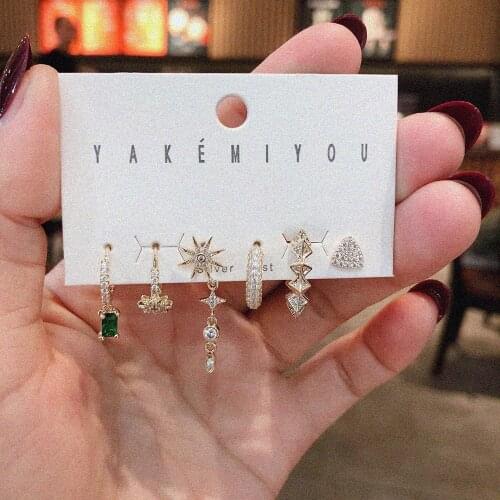 New Inlaid With Zircon Octagonal Star Long Chain Earrings Natural Green Gem Temperament Earrings 6Pcs/Set Charm Women Jewelry