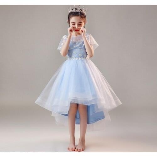 Flower Girl Dresses Tiered Lace Tulle Princess Ball Gown Crystal Embroidery Flowers Pearls Blue Knee-Length Kid Party Dress D173