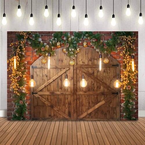 Christmas Wood Door Background for Newborn Child Portrait Photography Red Brick Wall X-mas Holiday Photo Backdrop Studio Vinyl