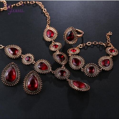 Kfvanfi Ring Bracelet Necklace Earrings Set Grey Rhinestones Green Red Crystal Vintage Jewelry Set