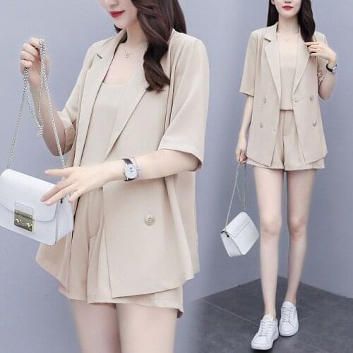 3 Piece Set Elegant Women Tracksuit Summer Clothes Short Sleeve Blazer Coat Vest and Shorts Suits Office Lady Work Wear Outfits