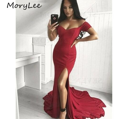 Red Evening Dresses Off The Shoulder Floor Length Side Slit Mermaid Spandex Evening Dresses Zipper vestidos de fiesta de noche
