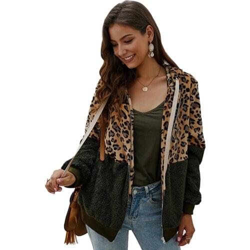Autumn Women Casual Leopard Patchwork Fleece Jacket Coat With Thick Tether Hooded Fashion Fluffy Long Sleeve Outwear