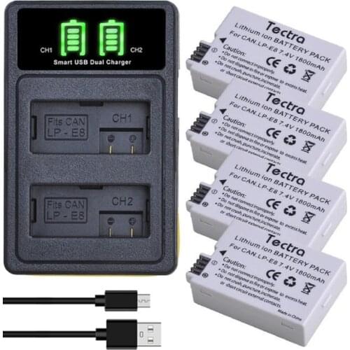 4pc 1800mAh LP-E8 LPE8 LP E8 Camera Batteries AKKU+LCD USB Charger for Canon 550D 600D 650D 700D X4 X5 X6i X7i T2i Camera