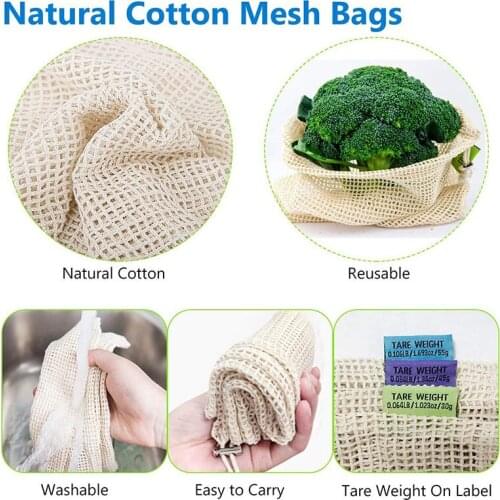 Reusable Cotton Vegetable Bags Home Kitchen Fruit And Vegetable Storage Mesh Bags With Drawstring Machine Washable 3 Size
