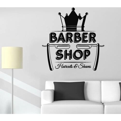 Barber Shop Wall Decal Crown Icon Haircuts Shaves Hair Salon Interior Decoration Door Window Vinyl Stickers Art Wallpaper Q970