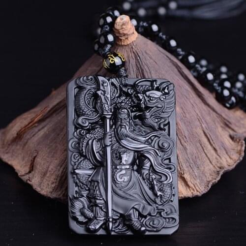 Jadery Natural Black Obsidian Necklaces Vintage Guanyu Dragon Jade Stone Bead Chain Pendants Necklaces Men Women 2019 Best Gifts