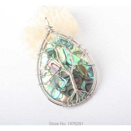 55x34MM NEW Steel Wire Winding Tree of Life Natural Abalone Shell Water Droplets Pendant 1 PCS