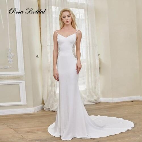 Rosabridal Wedding Dress Bridal Gown Bohemia Sexy Satin Mermaid Spaghetti Straps Beading over nude tulle open back dress