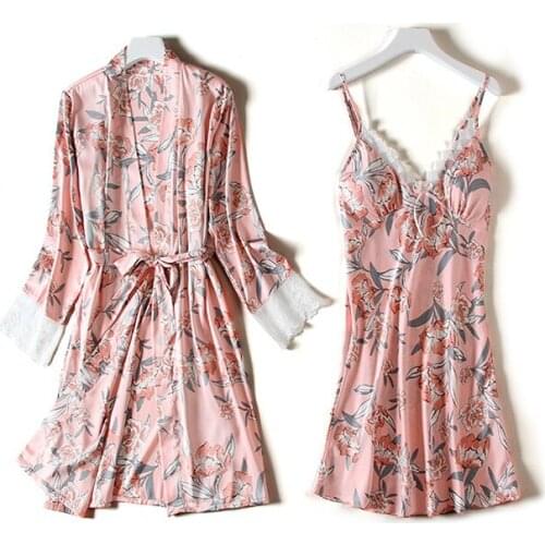 Sexy Womens 2PCS Pajamas Set V-Neck Nighties Wear Home Negligee Nightwear Lingerie Pijama Spring Nighty Robe Gown Suit Sleepwear