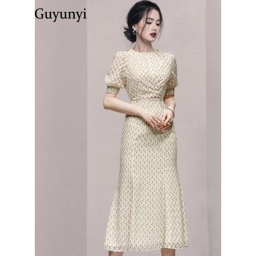 Floral Chiffon Dress 2021 Summer Simple Elegant Party Dress Puff Sleeve O-Neck Hollow High Waist Attend Event Womens Dresses