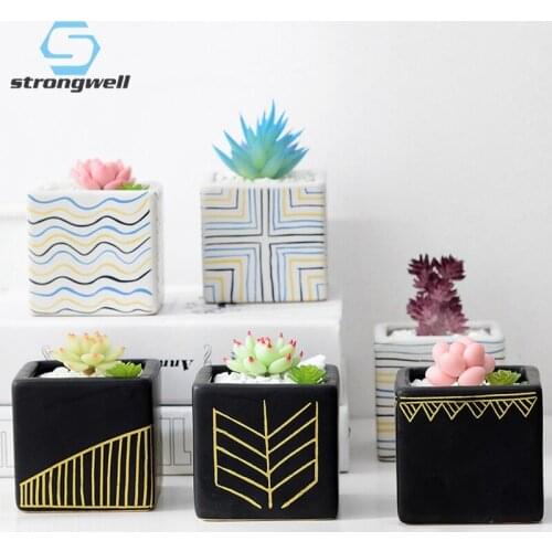 Strongwell Nordic Modern Square Ceramic Flower Pot Succulent Plant Pots Creative Line Pattern Potted Desktop Balcony Decorations