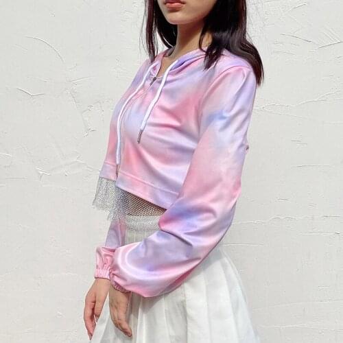 Pink Tie Dye Loose Hooded Zipper Sweatshirt Autumn Long Sleeve Streetwear Fashion Hoodies Mesh Patchwork Sporty Sweatshirts
