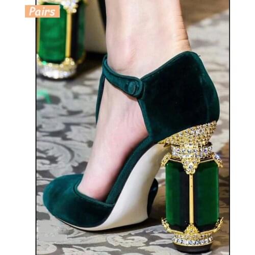 Square Heels Women Pumps Flock T Strap Shoes Women Sexy Point Toe Crown Crystal High Heel Office Pumps Shoes Wedding