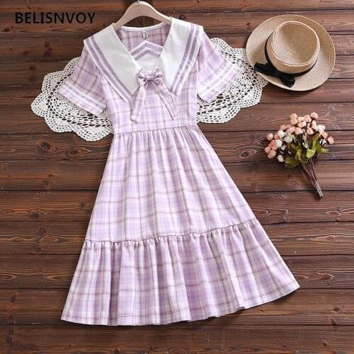 Harajuku Japanese JK Plaid Dress Sailor Collar With Bowknot Sweet Ruffles Vestidos Mori Girl Kawaii Dress Preppy Style Clothing