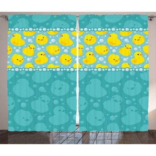 Duck Curtains Bathtime Inspired Funny Bird Bubbles Satin Fabric Drapes for Living Room Bedroom 2 Panel Window Set