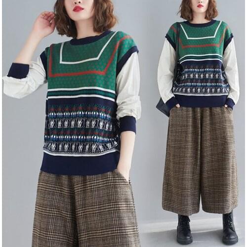 Retro Jacquard Splice Sweater Womens 2021 Spring Autumn Loose Large Size Fake Two-piece Contrast Color Knit Sweater Tide aq610