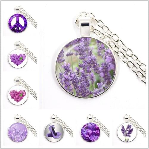 Beautiful Lavender Bloom Branch Necklace Purple Flower Patterns Glass Round Pendant Charm Female Hopeful Necklaces Travel Gift