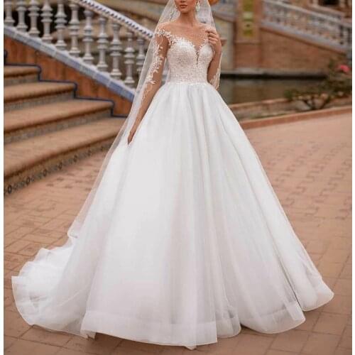 Elegant Long Sleeve Shear Beaded Lace Wedding Dresses Ivory Illusion Back Tulle A-Line Robes De Mariée Bridal Gown For Women