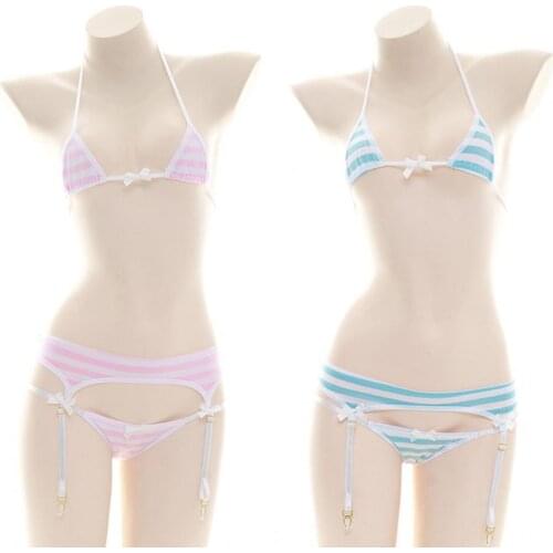 Anime Lolita Girl Blue & Pink White Stripe Bikini Set Private Underwear household Sleepwear Sexy Cosplay Bandge Lingerie Set