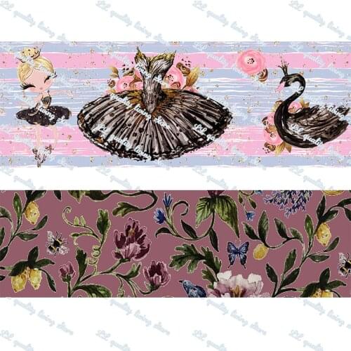 Ballet and flowers printed grosgrain ribbon 50 yards Tape Clothing Bakery hairbow gift wrapping hairbow headwear DIY decoratio