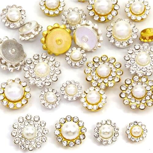 Glitter Crystal 20pcs Pearl Buttons Rhinestone Gold/Sliver Flat Back Flower Rhinestones For Clothes DIY Dress Decoration