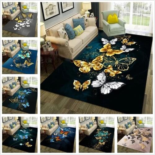 Large Living Room Carpet Gold Butterflies Diamond Velvet Kitchen Bedroom Rug for Girls Room Entrance Doormat Hallway Play Mat