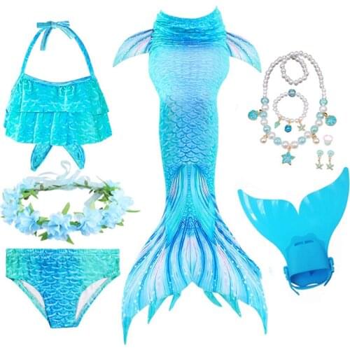 Children Mermaid Tails Swimming Cosplay Costumes Halloween Little Mermaid Girls Swimsuit Bikini Set Suit With Monofin for Kids