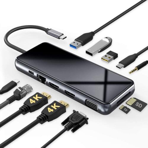 12 in 1 USB C Hub Docking Station with 3USB/2HDMI/VGA/RJ45/100W PD/Aux Type C Adapter Splitter for Macbook Dell Samsung ThinkPad