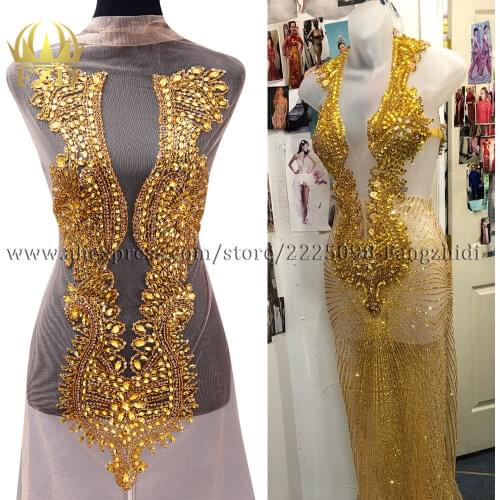 FZD 1 PIECE Handmade Beaded Crystal Rhinestone Patches for Wedding Dress DIY Bridal Applique With Gauze